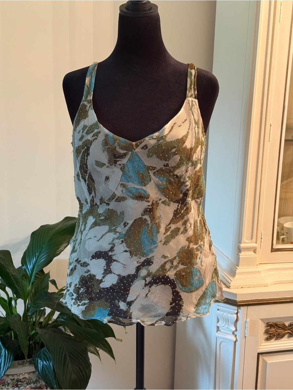 Floral Print Mesh Camisole in Olive & Teal